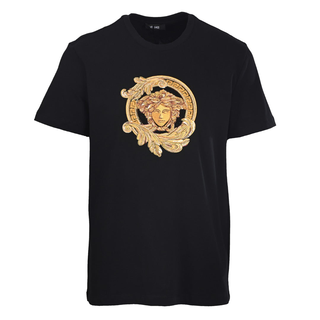 Black Versace T-shirt with gold Medusa-style crest graphic on the front