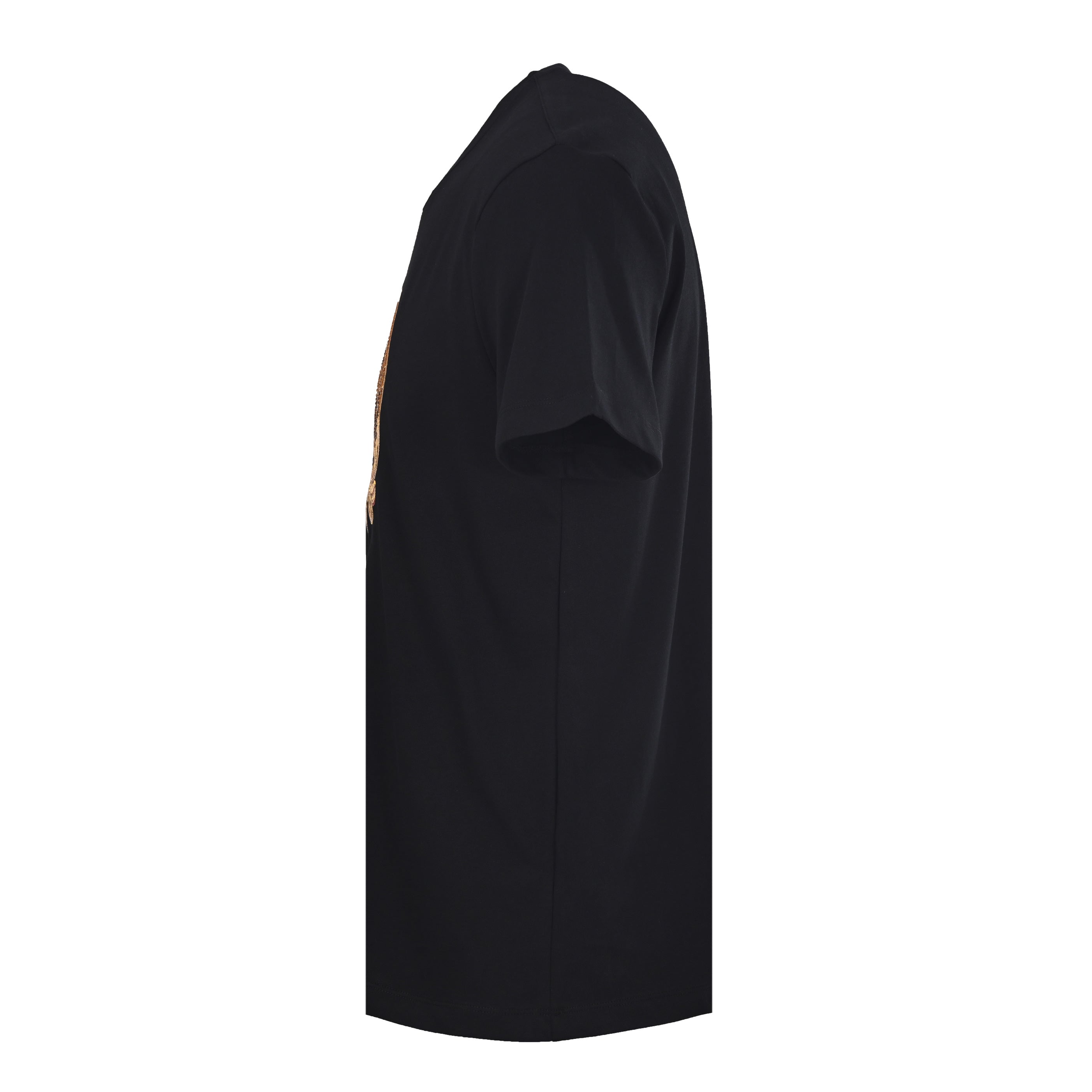 Black Versace T-shirt, side view with short sleeves and straight hem