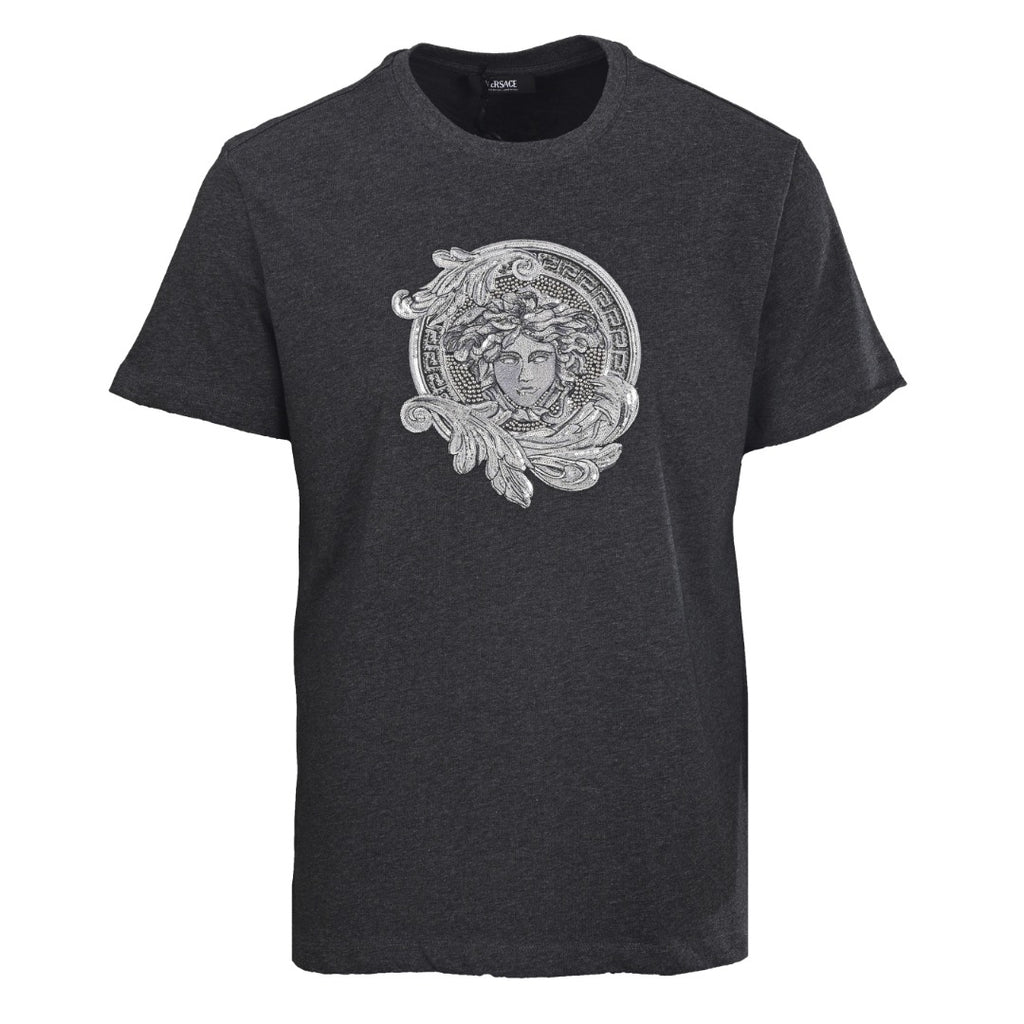 Versace T-shirt in dark gray with silver Medusa-style front graphic