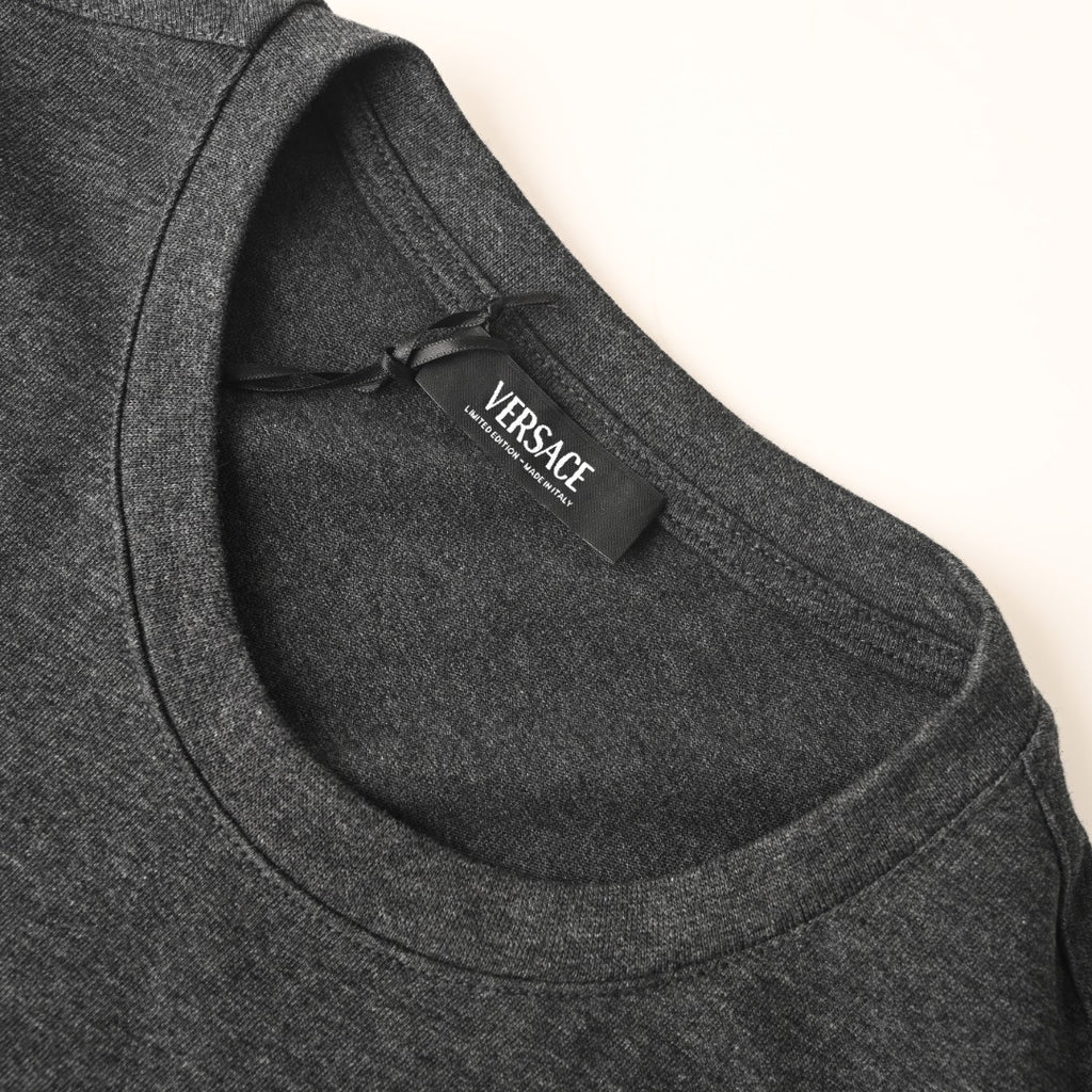 Versace T-shirt neckline in dark gray with inside brand label near collar