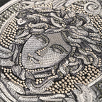 Versace T-shirt close-up of the sequined Medusa face graphic in silver tone