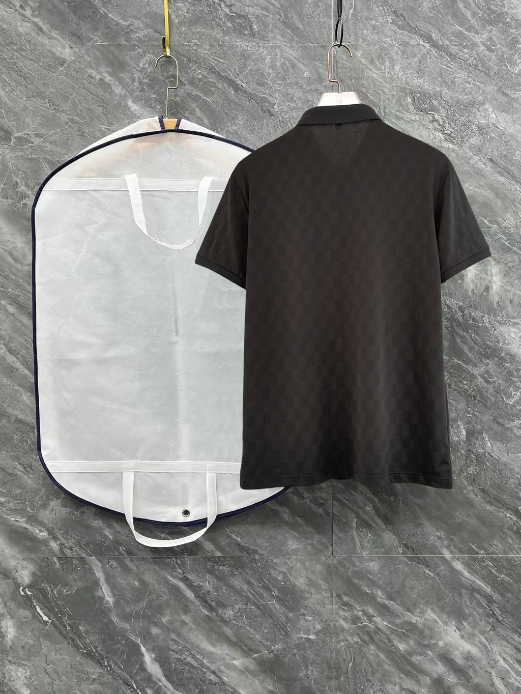 Black polo shirt back view with short sleeves