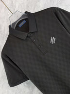 Louis Vuitton black polo shirt collar and front, button placket, chest logo detail