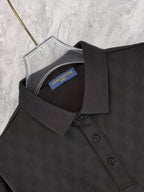 Louis Vuitton black polo shirt collar close-up with button placket and inner label