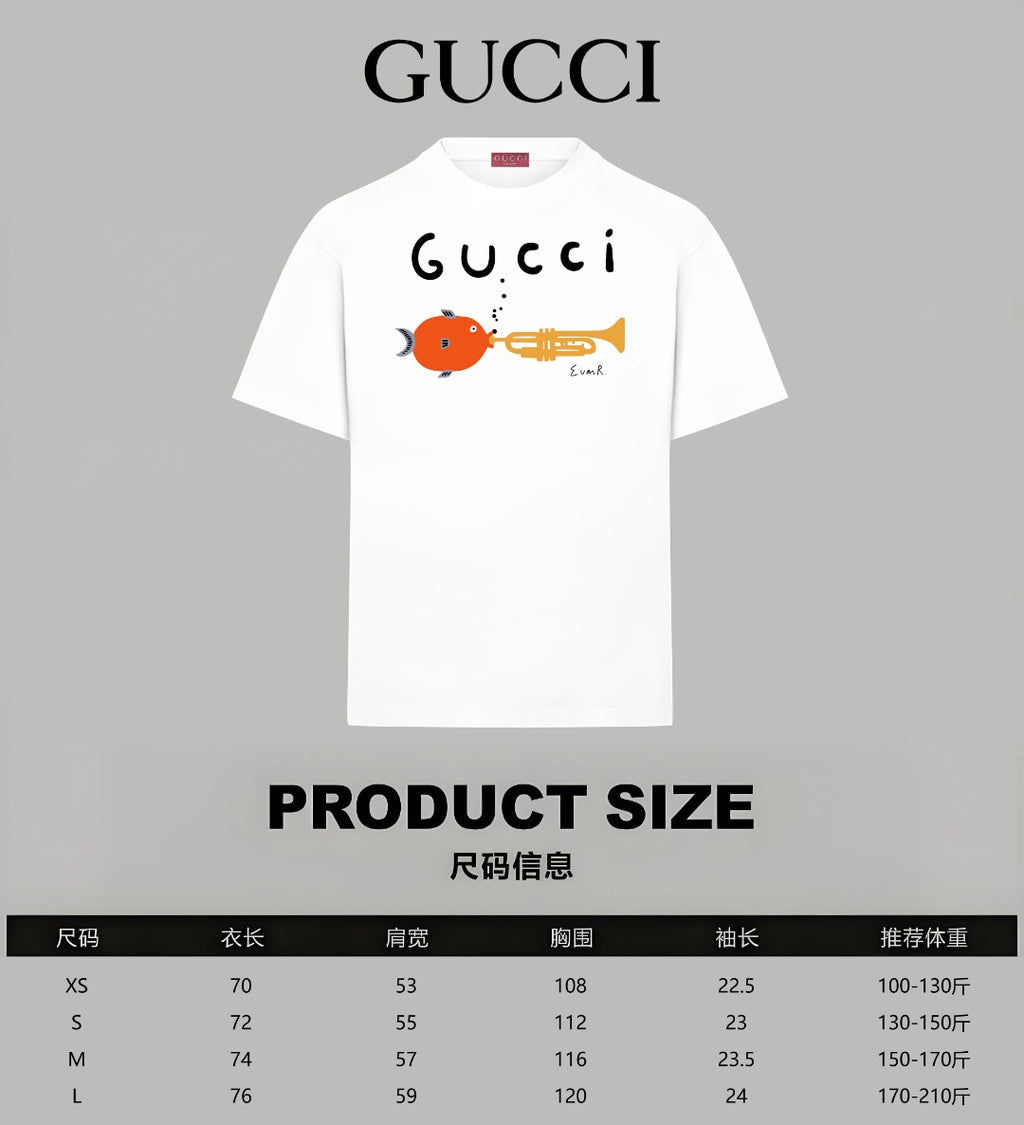 White Gucci T-shirt with graphic print and product size chart