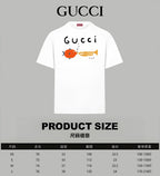 White Gucci T-shirt with graphic print and product size chart