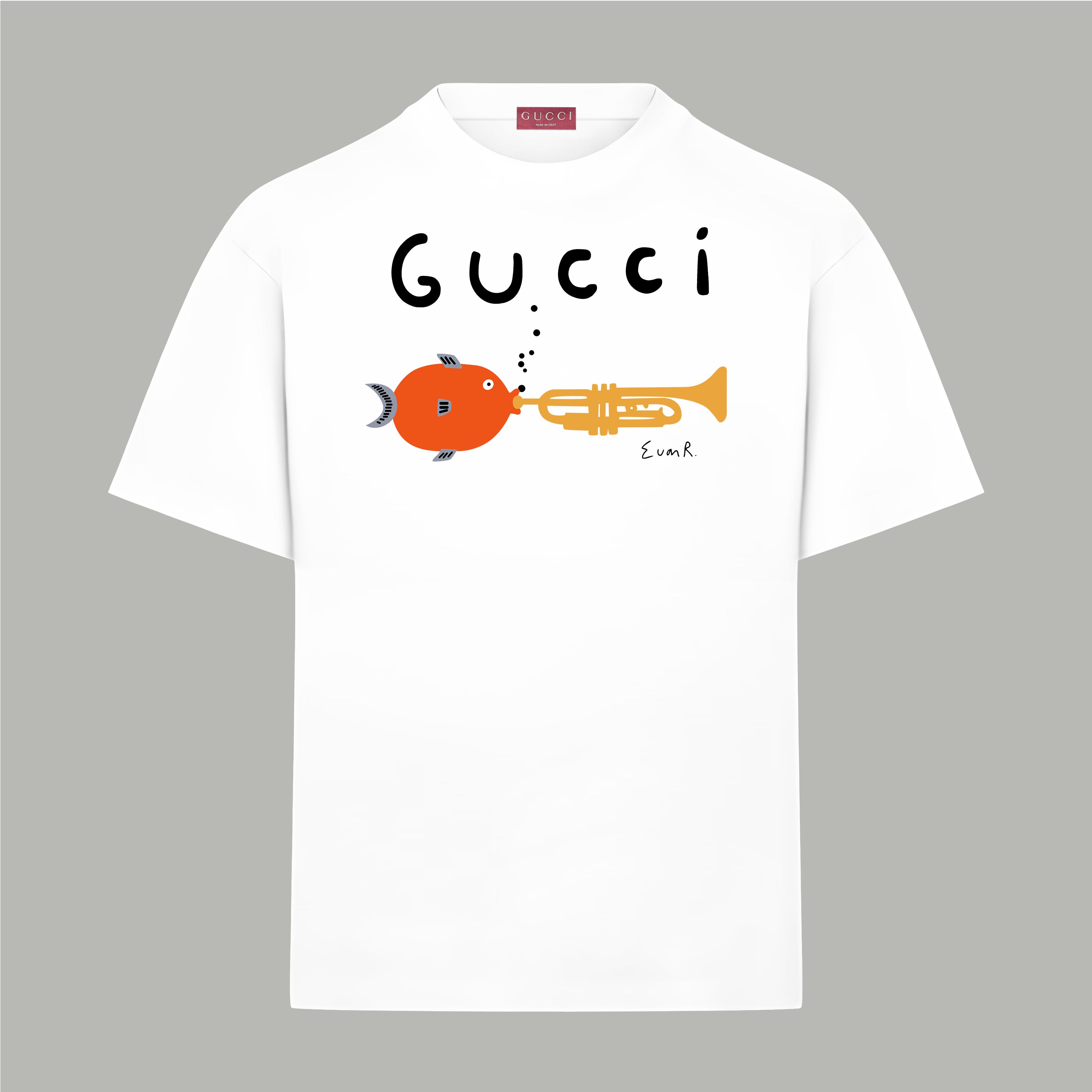 White Gucci T-shirt with orange fish trumpet graphic print