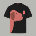 Black Gucci T-shirt with stylized face graphic and strawberry patch on the chest.