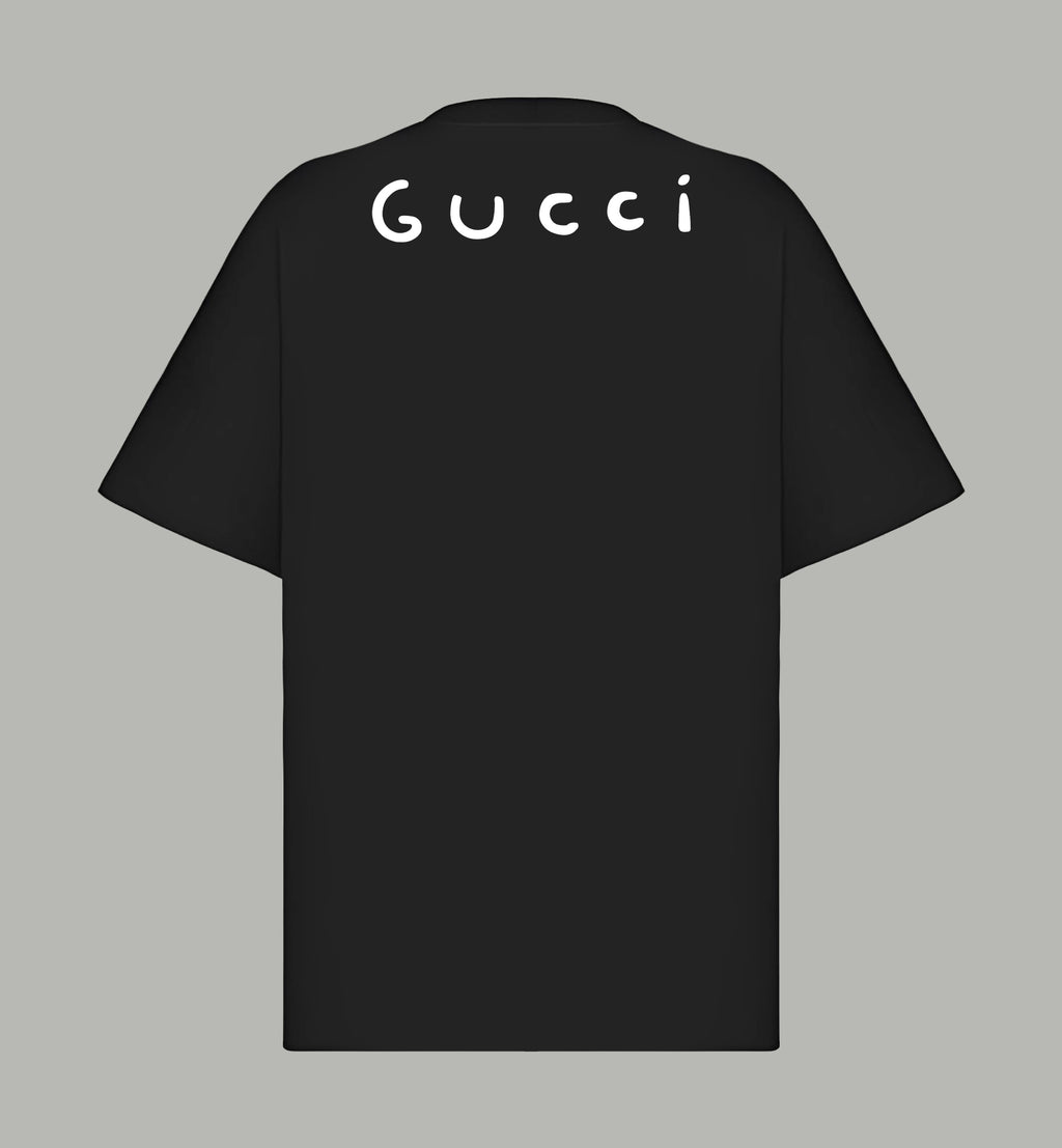 Black Gucci T-shirt back view with “GUCCI” lettering across the upper back.
