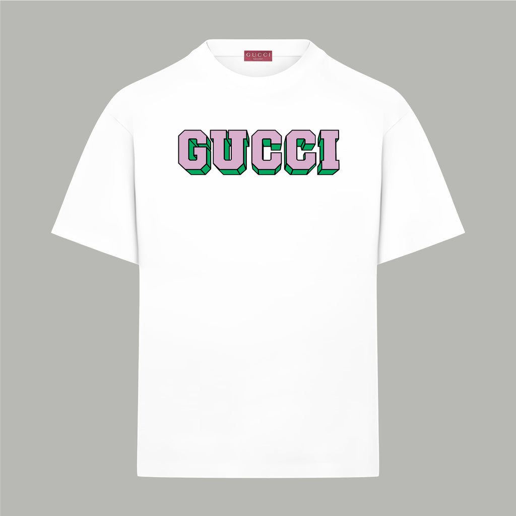 White Gucci short-sleeve T-shirt with colorful GUCCI logo on the chest