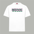 White Gucci short-sleeve T-shirt with colorful GUCCI logo on the chest