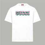 White Gucci short-sleeve T-shirt with colorful GUCCI logo on the chest