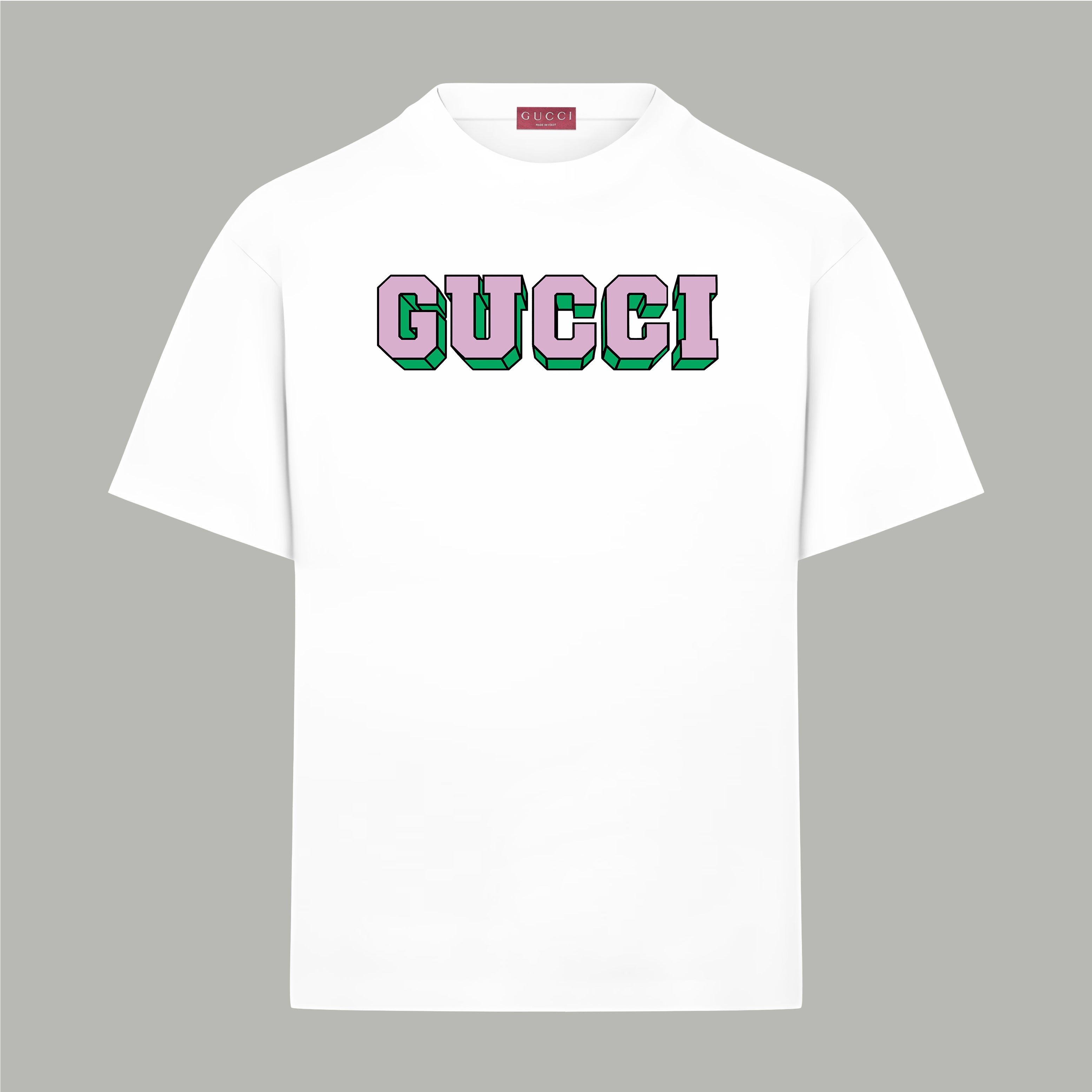 White Gucci short-sleeve T-shirt with colorful GUCCI logo on the chest
