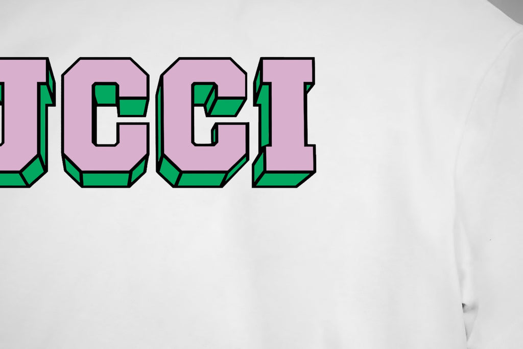 White T-shirt with colorful GUCCI lettering logo across the chest