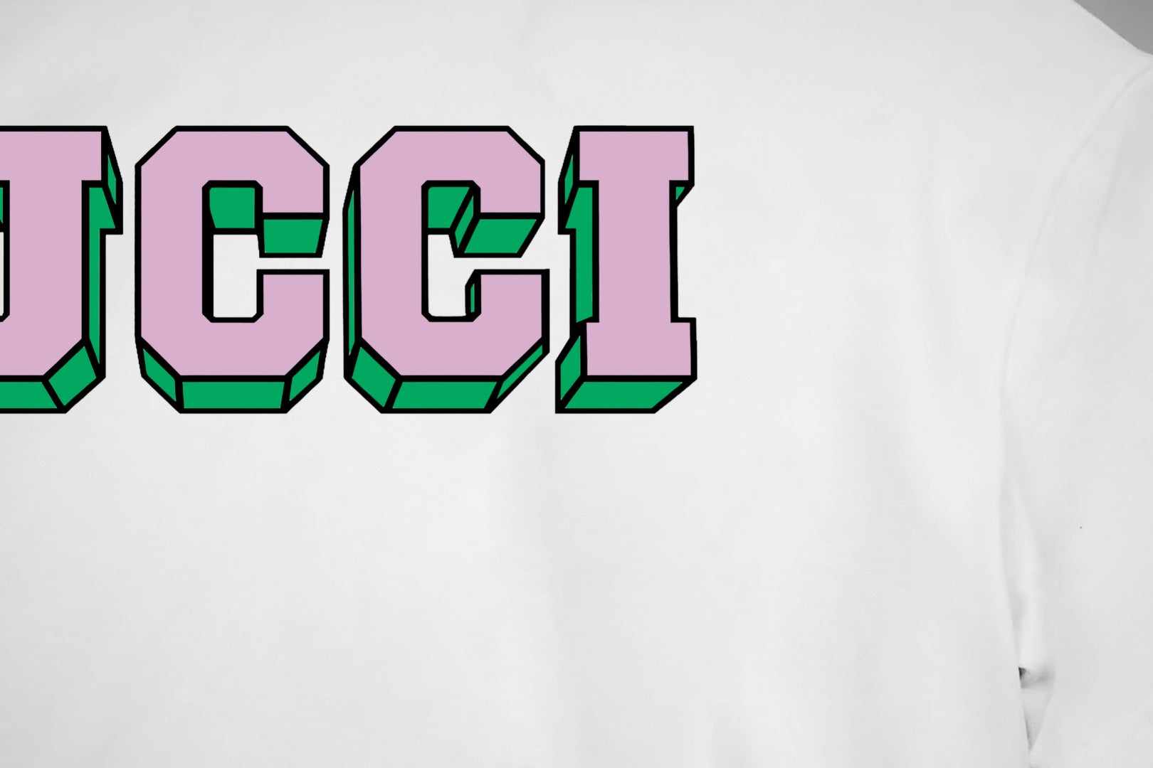 White T-shirt with colorful GUCCI lettering logo across the chest