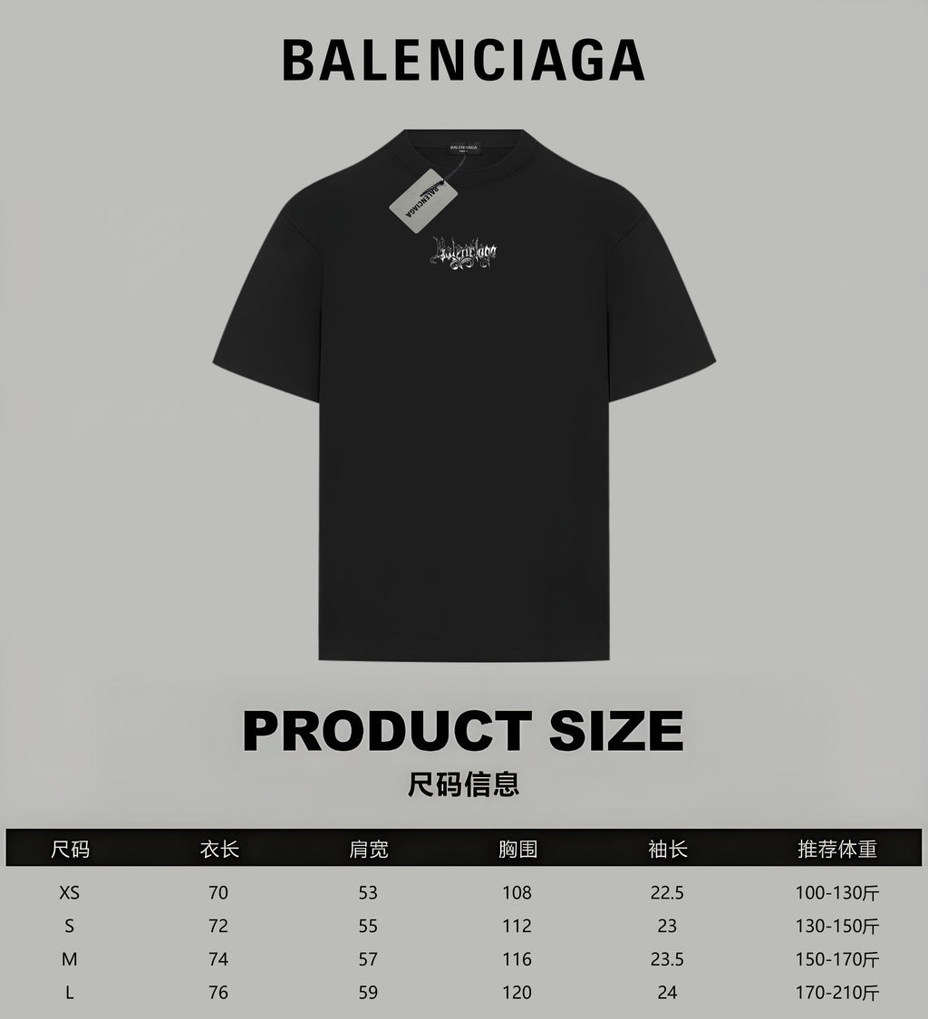 Black Balenciaga T-shirt with size chart text on background