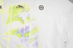 White T-shirt chest detail with neon green print and small BALENCIAGA logos