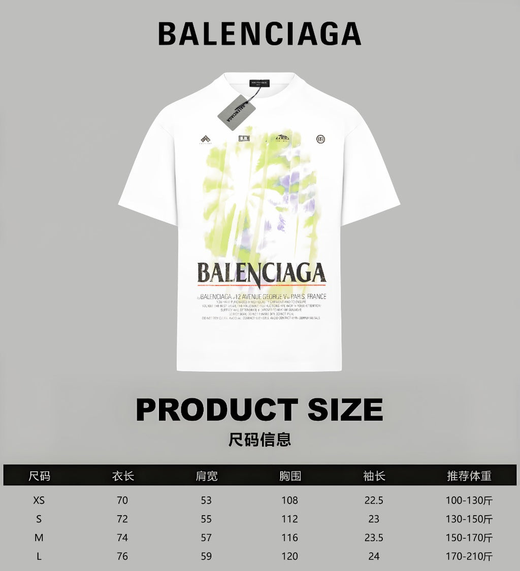 White short-sleeve T-shirt with neon green and purple abstract print and BALENCIAGA logo