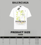 White short-sleeve T-shirt with neon green and purple abstract print and BALENCIAGA logo