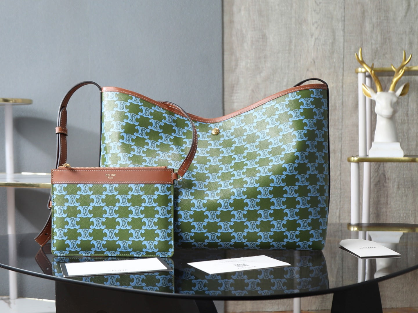 Celine patterned shoulder bag with matching strap and brown top trim