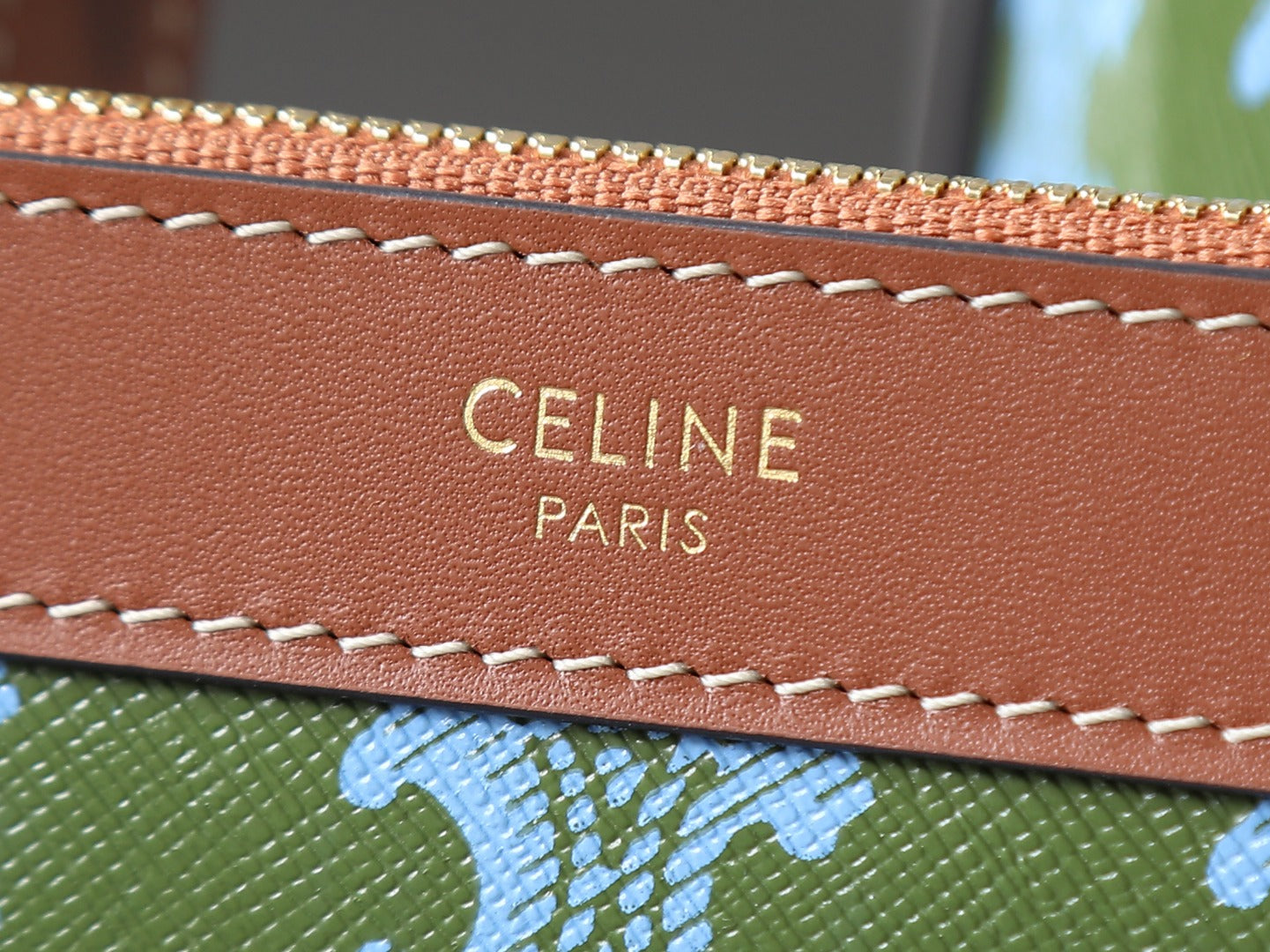 Celine Paris stamp on brown leather trim with contrast edge stitching