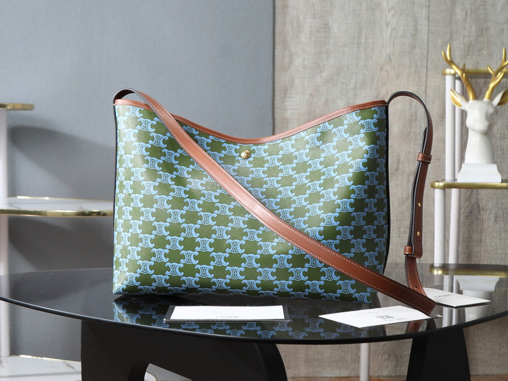 Celine green patterned shoulder bag with crossbody strap and brown accents