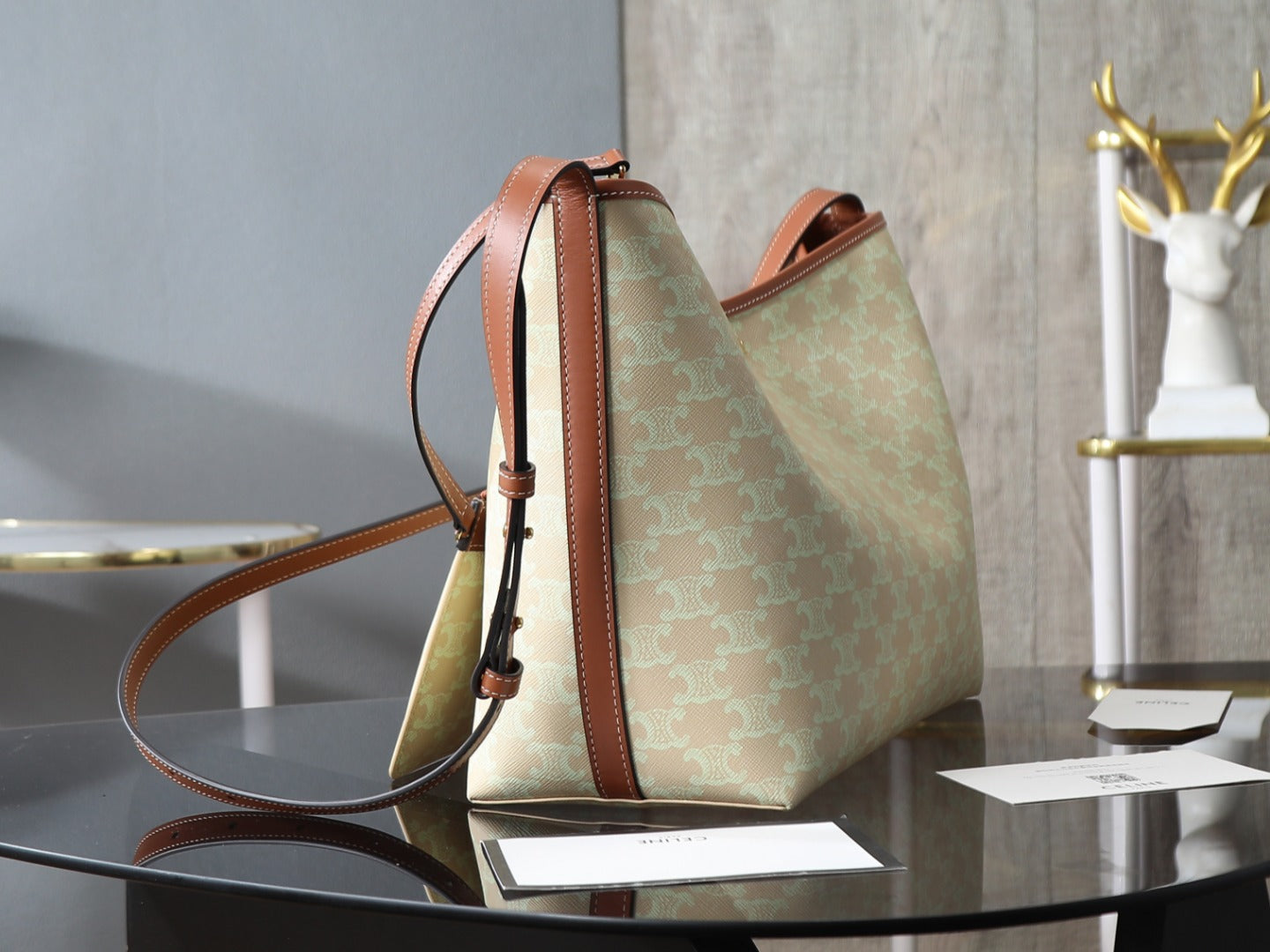 Celine tote bag in light beige monogram with brown top handles and strap