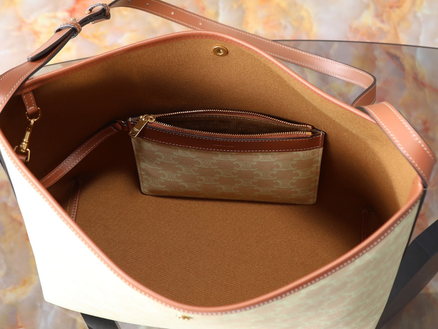 Celine tote interior with tan lining and zip pocket detail