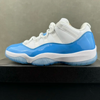 White and blue low-top sneakers with white laces and blue side panels