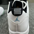 Close-up of white sneaker heel with black patch and blue Jumpman logo