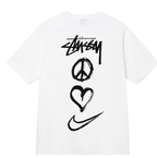 Stussy white T-shirt with Stussy logo, peace sign, heart and Nike swoosh graphic