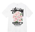 White T-shirt with Stussy logo, pink flowers, 'SUMMER 19' print