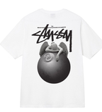 Stussy white T-shirt with black Stussy logo graphic and grey character design