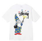Stussy white T-shirt with cartoon wizard graphic and star accents