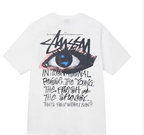 Stussy white T-shirt with blue eye graphic and graffiti-style text