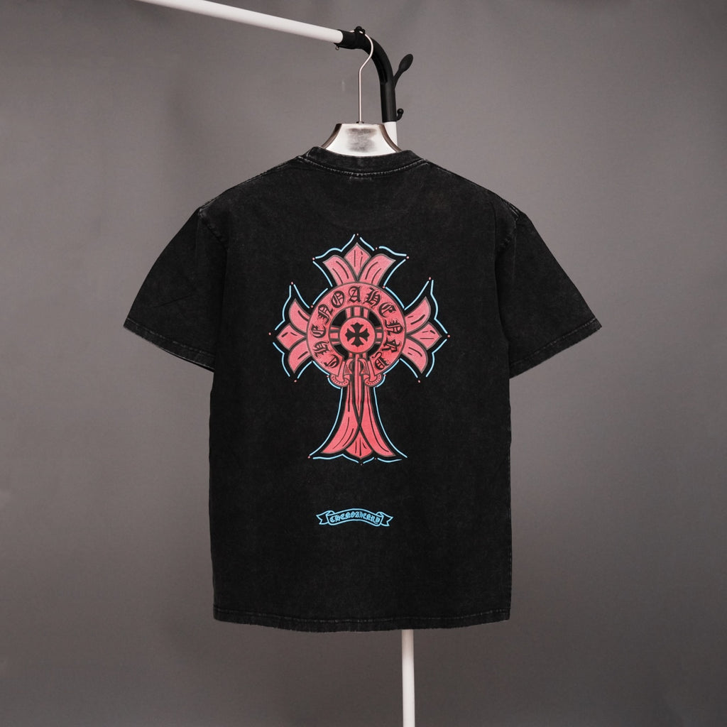 Black crewneck T-shirt with large pink and blue back cross graphic