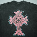 Black T-shirt back graphic with large pink cross and teal outline