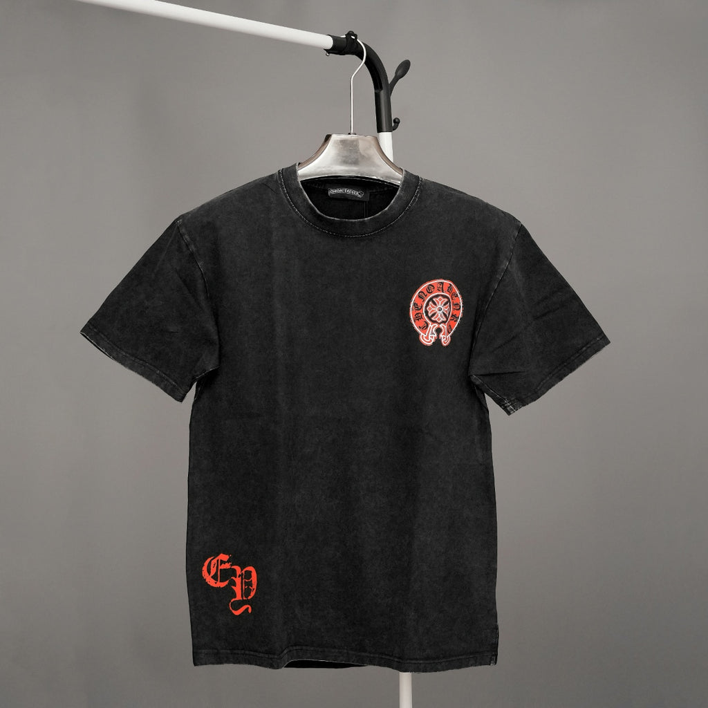 Black graphic T-shirt with small red chest emblem on front, crew neck