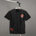 Black graphic T-shirt with small red chest emblem on front, crew neck