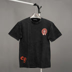 Black graphic T-shirt with small red chest emblem on front, crew neck