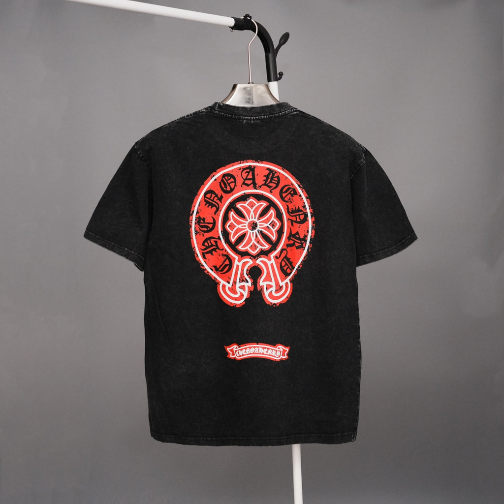Black graphic T-shirt with large red back emblem and small logo patch