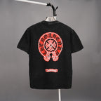 Black graphic T-shirt with large red back emblem and small logo patch