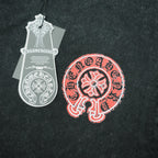 Black T-shirt fabric with large red circular graphic and white hang tag