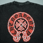 Black T-shirt back with large red circular flower graphic