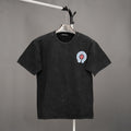 Short-sleeve T-shirt with dark fabric and small chest logo graphic