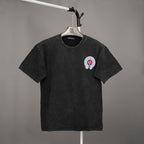 Short-sleeve T-shirt with dark fabric and small chest logo graphic