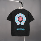 Short-sleeve T-shirt with large back skull logo graphic and text