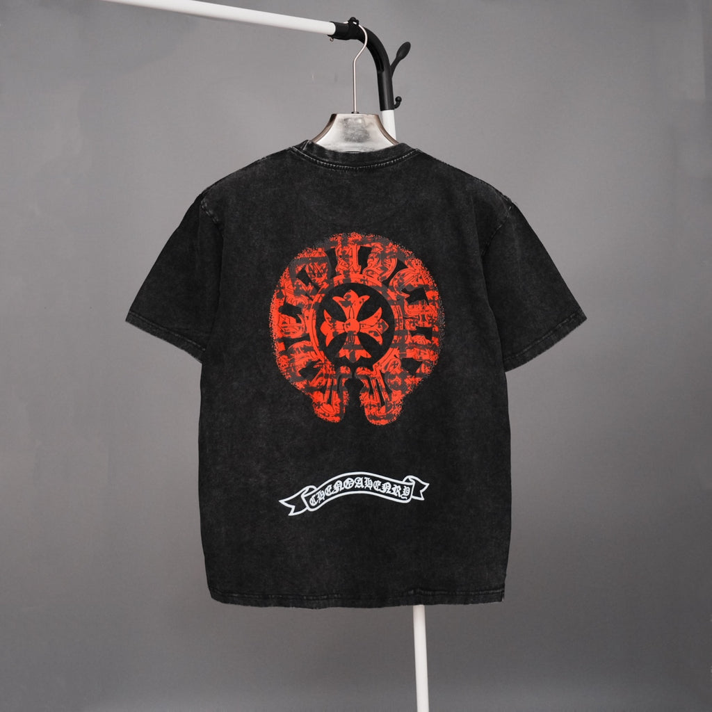 Black graphic T-shirt with large red skull emblem on the back and small logo