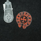 Black T-shirt with red skull graphic and white product tag