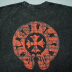 Black T-shirt with large red skull flower-style graphic on the front
